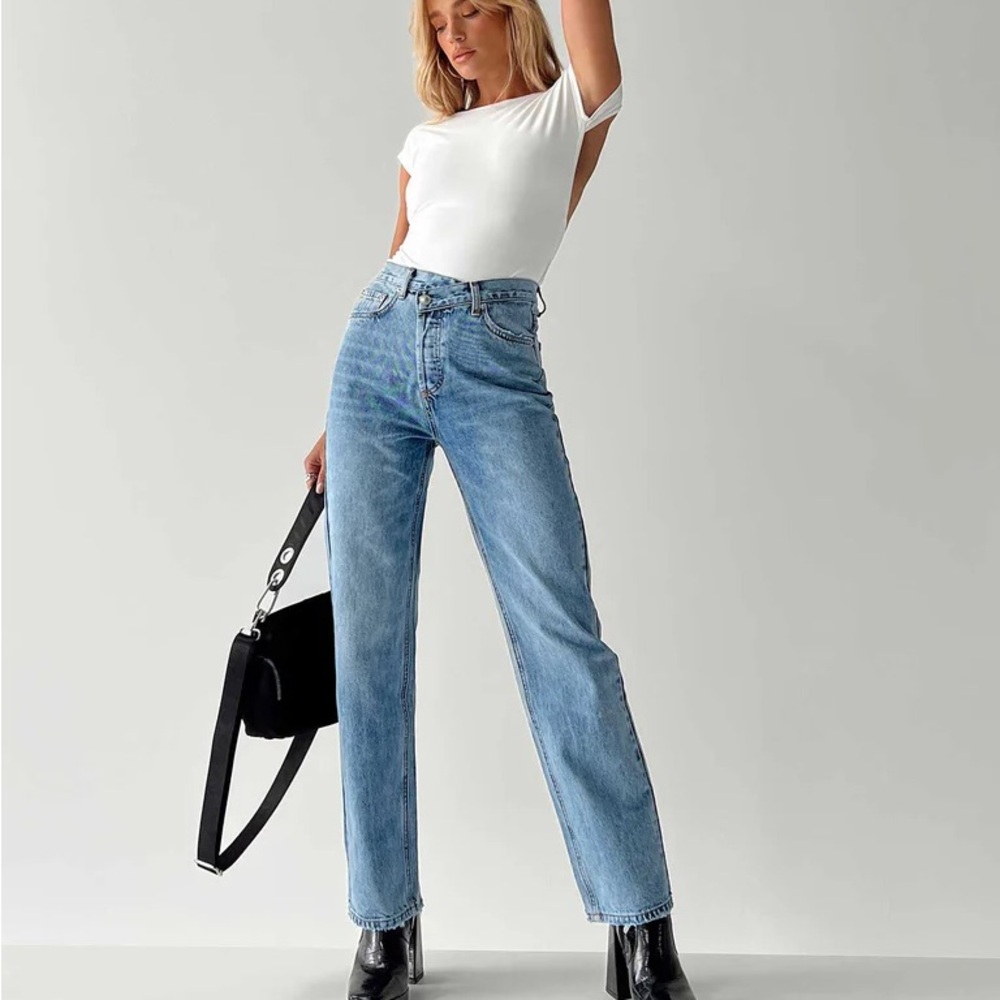 Holly Asymmetric Straight Leg Light Wash Blue Jeans